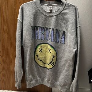 NIRVANA Gray Smiley Face Crewneck Sweater